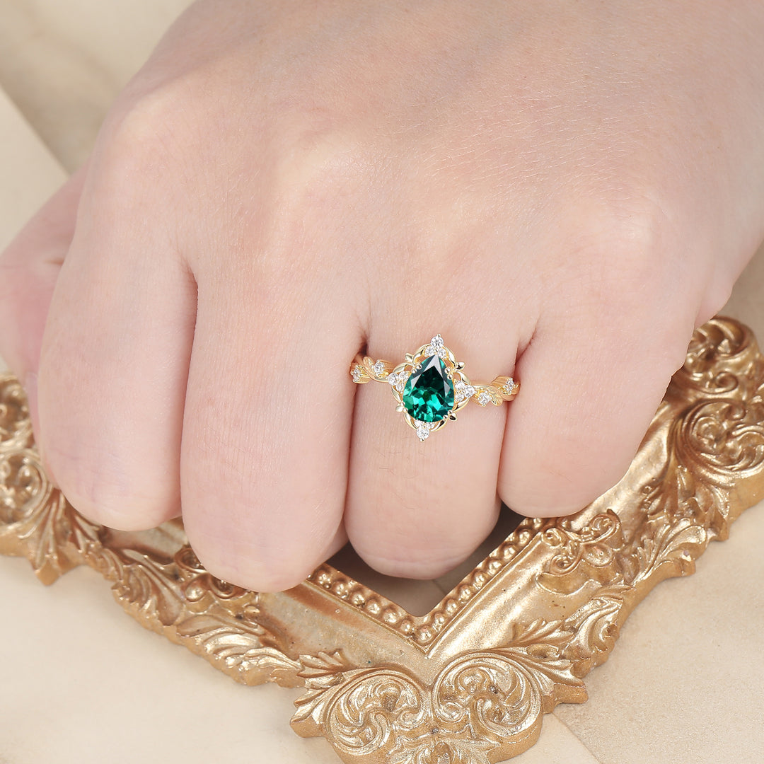 Floral Halo Pear Cut Emerald Engagement Ring For Her Fairycore Elegant Emerald Women Anniversary Ring