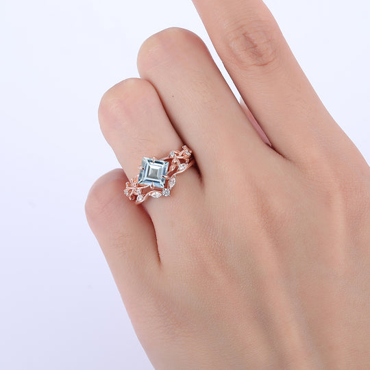 2CT Princess Cut Aquamarine Engagement Ring Set Women Dainty Anniversary Ring Set