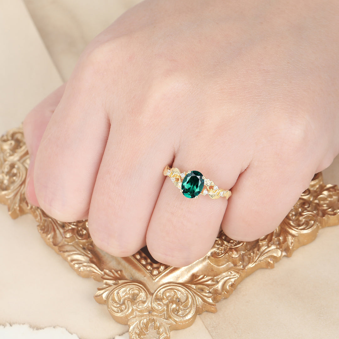 Ginkgo Leaf Vines Oval Emerald Bridal Birthstone Ring Botanical Anniversary Green Wedding Ring For Her