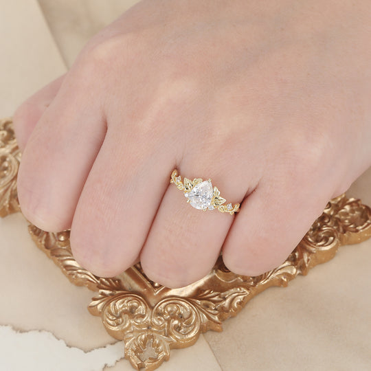 Ethereal Leaf Motif Pear Shape Moissanite Bridal Ring Delicate Gold Wedding Ring For Women