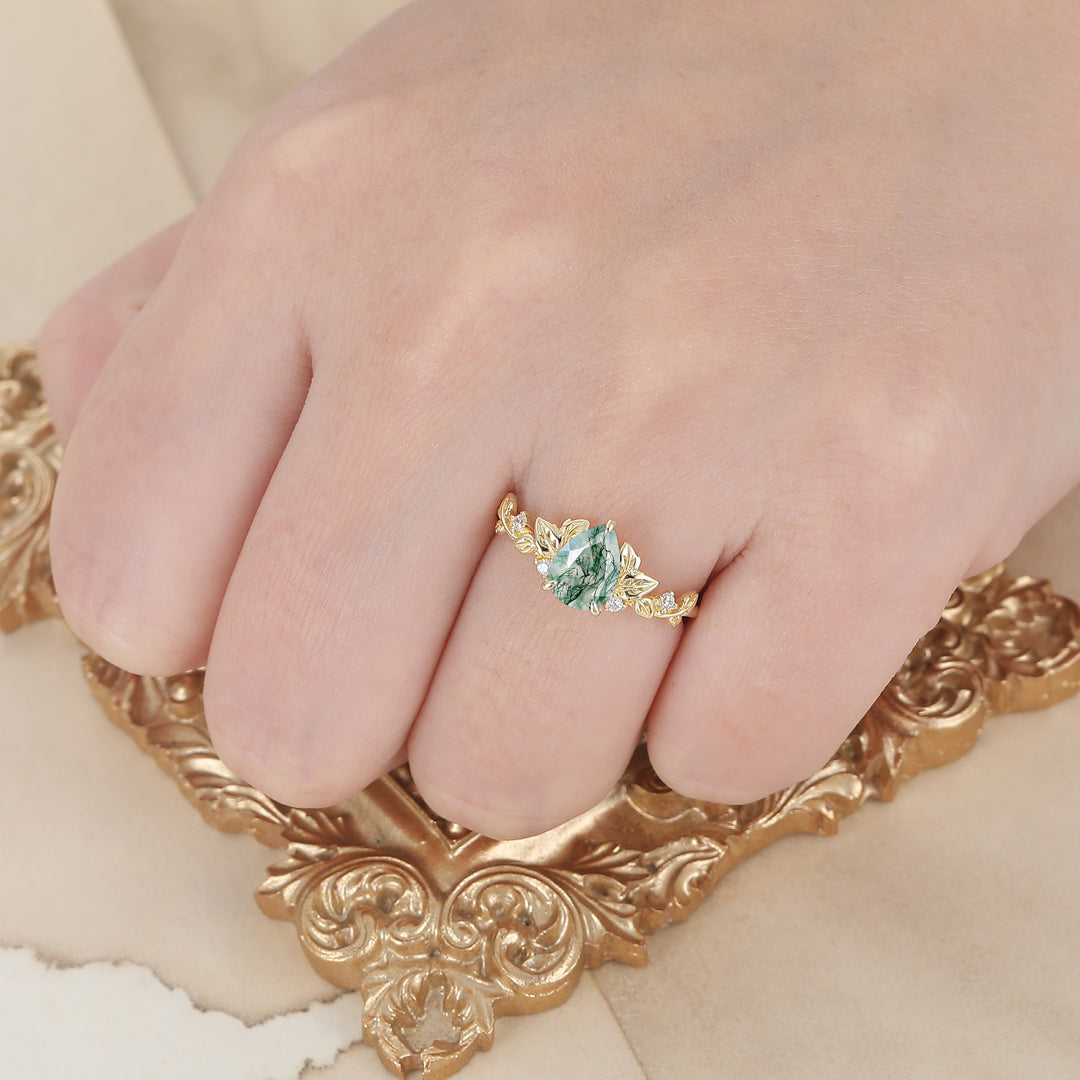 Anillo de compromiso Fairycore con hojas, ágata musgosa talla pera, inspirado en la naturaleza, para mujer, anillo de boda para ella