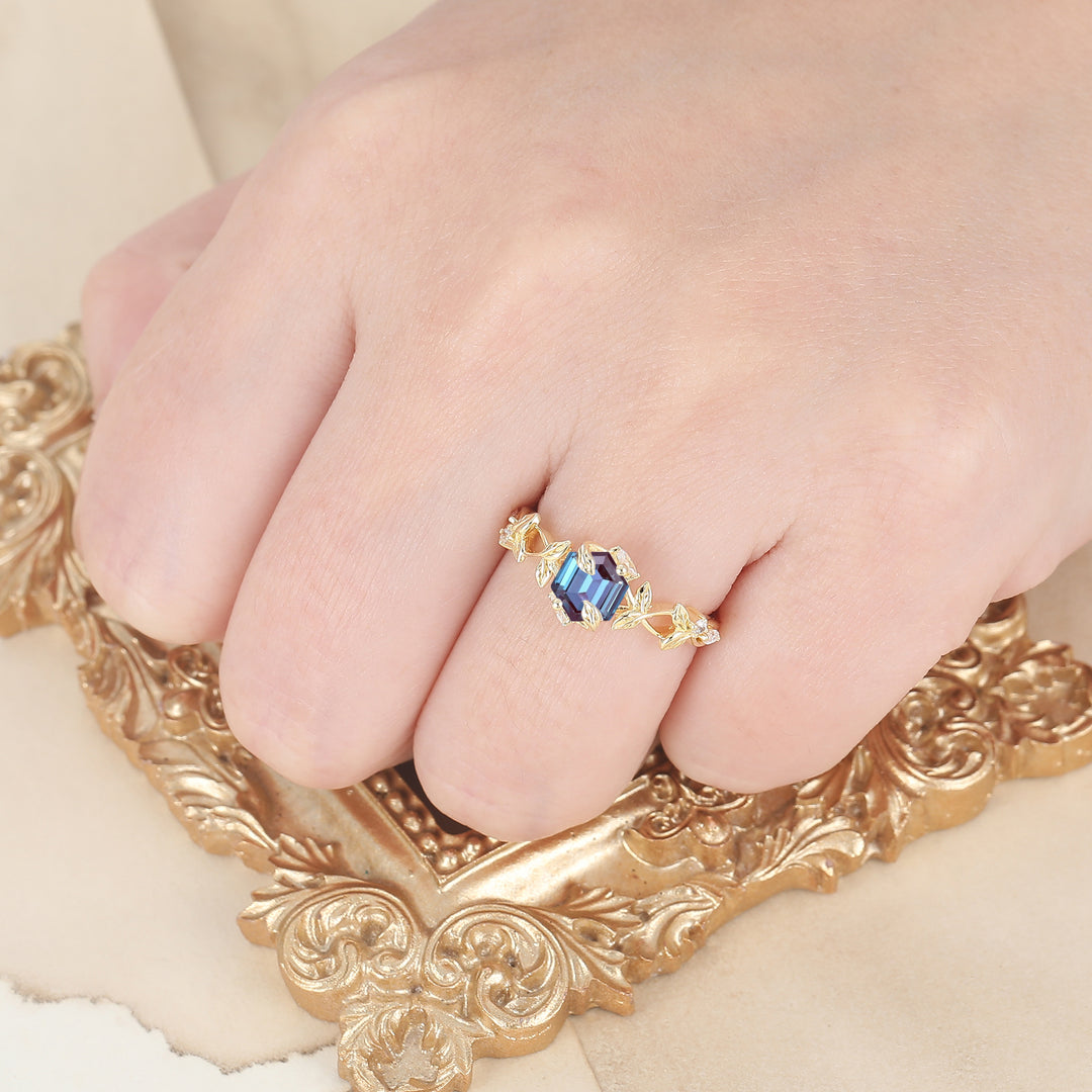 Leaf Elven-Inspired Hexagon Alexandrite Engagement Ring Enchanted Forest Alexandrite Women Marriage Ring