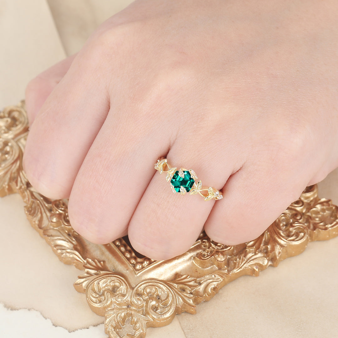 Anillo de compromiso para mujer con corte hexagonal, hiedra botánica y esmeralda, anillo de boda para ella con hoja esculpida y esmeralda
