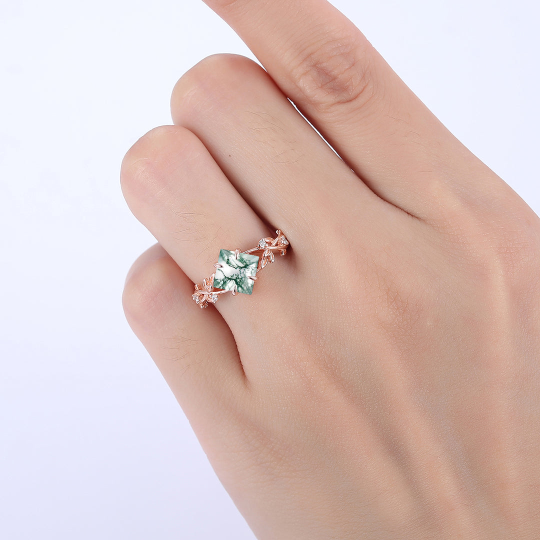 Antique Princess Cut Natural Moss Agate EngagementRing Leaf Shape Anniversary Bridal Ring