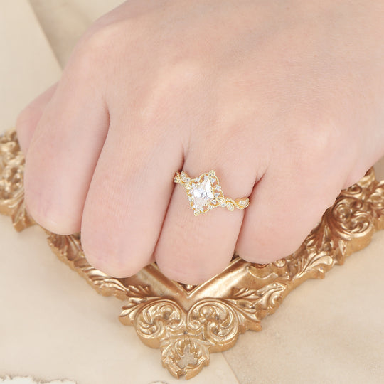 Romantic Milgrained Rhombus Cut Moissanite Wedding Ring Leaf And Floral Style Moissanite Engagement Ring