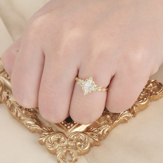 Noble Leaf-Cradled Marquise Moissanite Ring For Her Handmade 14K Gold Moissanite Bridal Ring