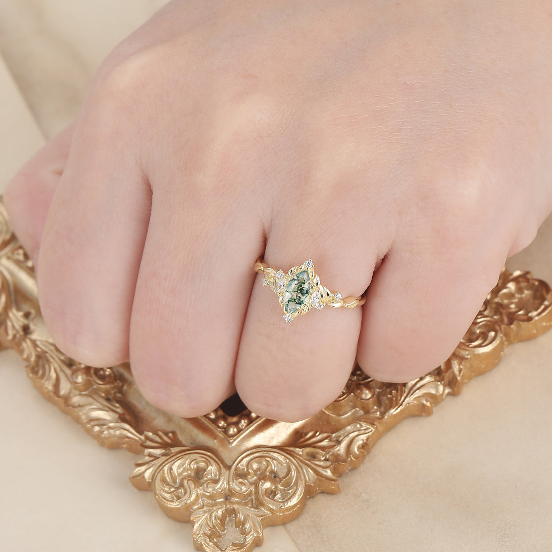 Bague de mariée marquise en agate mousse feuillage victorien, bague de fiançailles Agate Forêt Enchantée pour femme