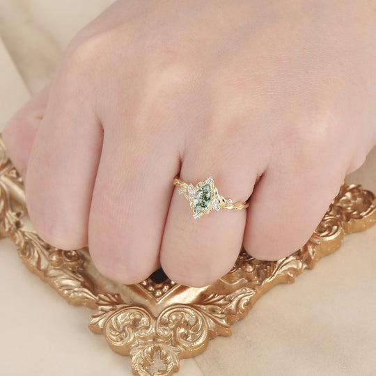Bague de mariée marquise en agate mousse feuillage victorien, bague de fiançailles Agate Forêt Enchantée pour femme