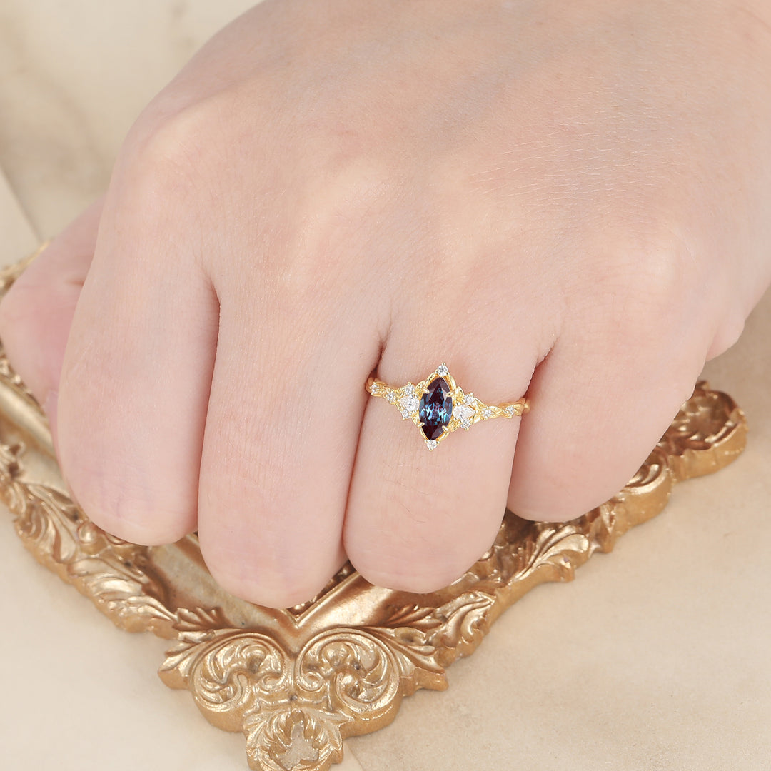 Victorian Halo Marquise Alexandrite Wedding Ring Leaf Rope Alexandrite Bridal Anniversary Ring
