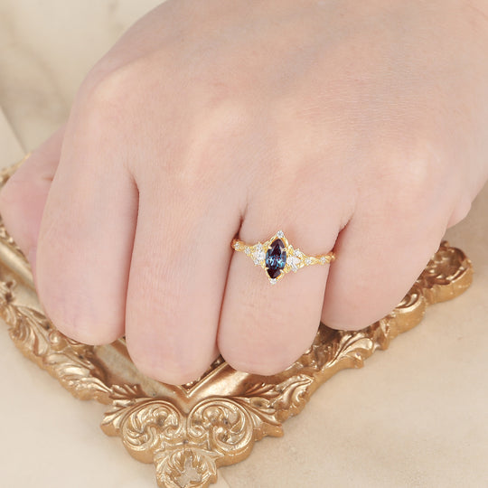 Victorian Halo Marquise Alexandrite Wedding Ring Leaf Rope Alexandrite Bridal Anniversary Ring