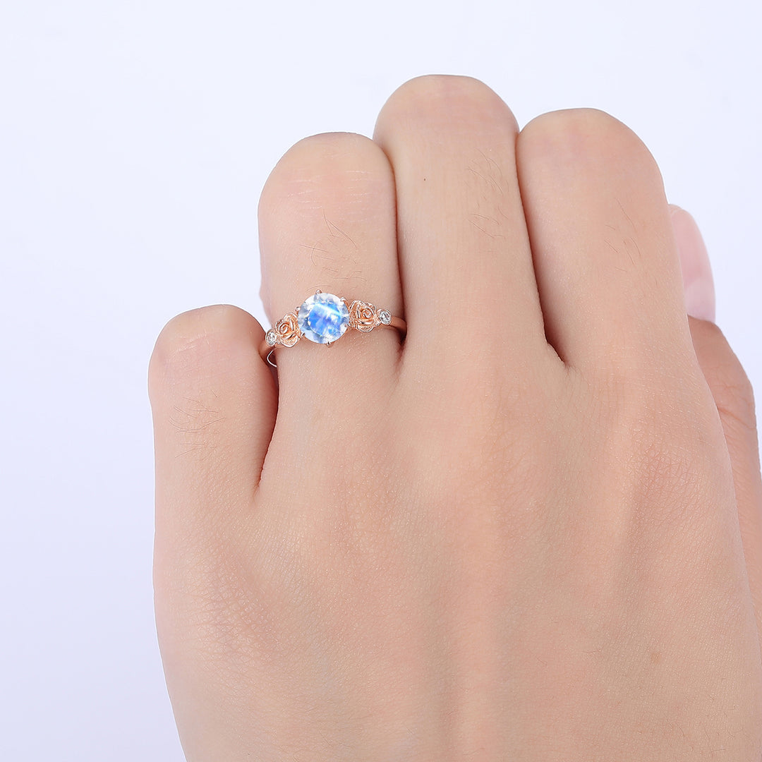 Round Cut Moonstone Engagement Ring Rose Shape Bridal Ring