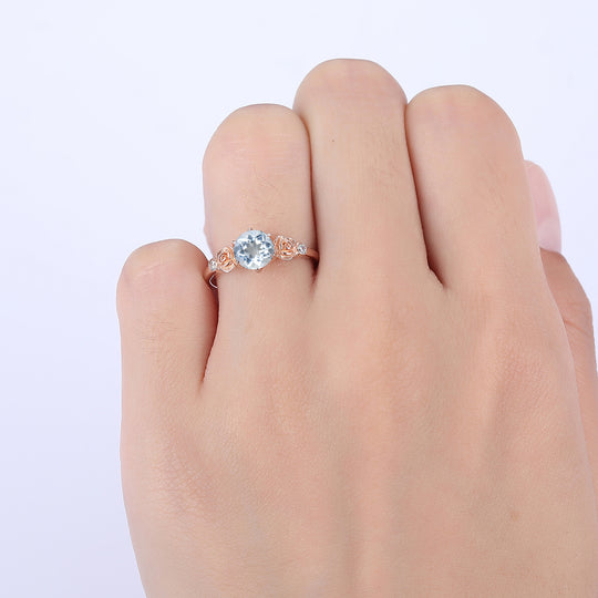 Round Cut Aquamarine Engagement Ring Rose Shape Bridal Ring