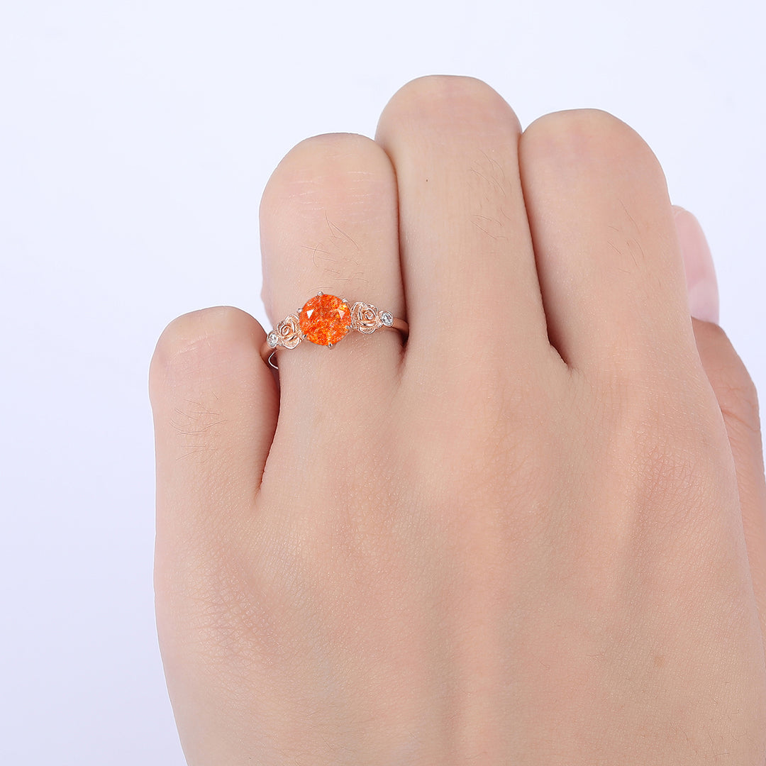 Round Cut Natural Sunstone Engagement Ring Rose Shape Bridal Ring