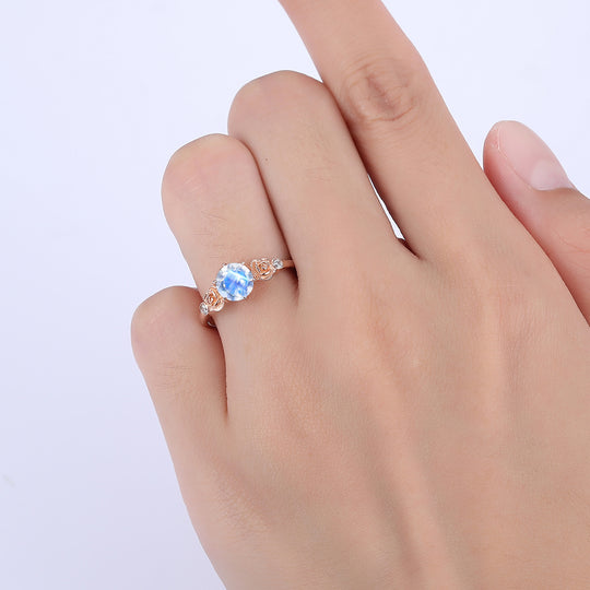 Round Cut Moonstone Engagement Ring Rose Shape Bridal Ring