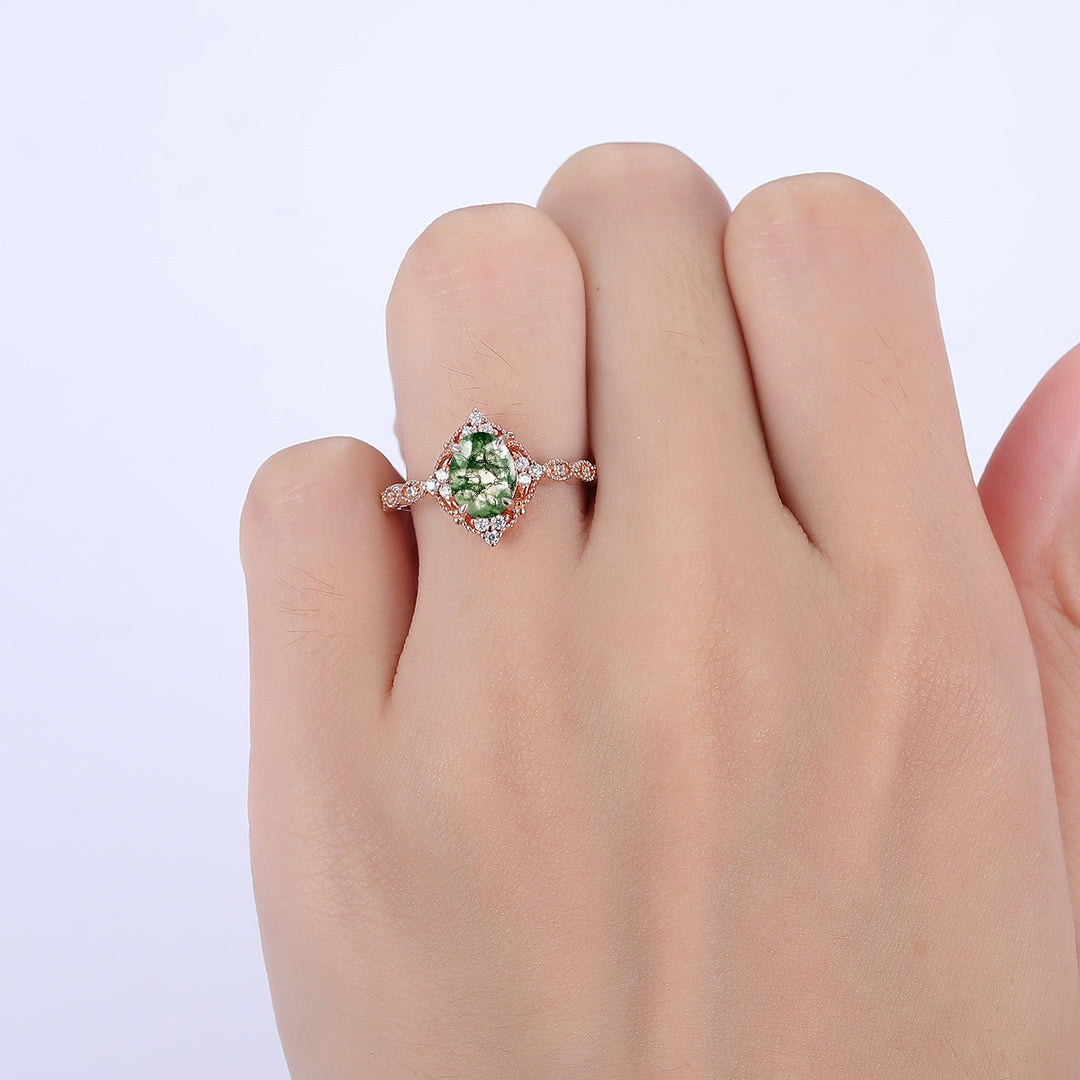 Dainty Oval Cut Moss Agate Engagement Cluster Ring Anniversary Bridal Ring Gift