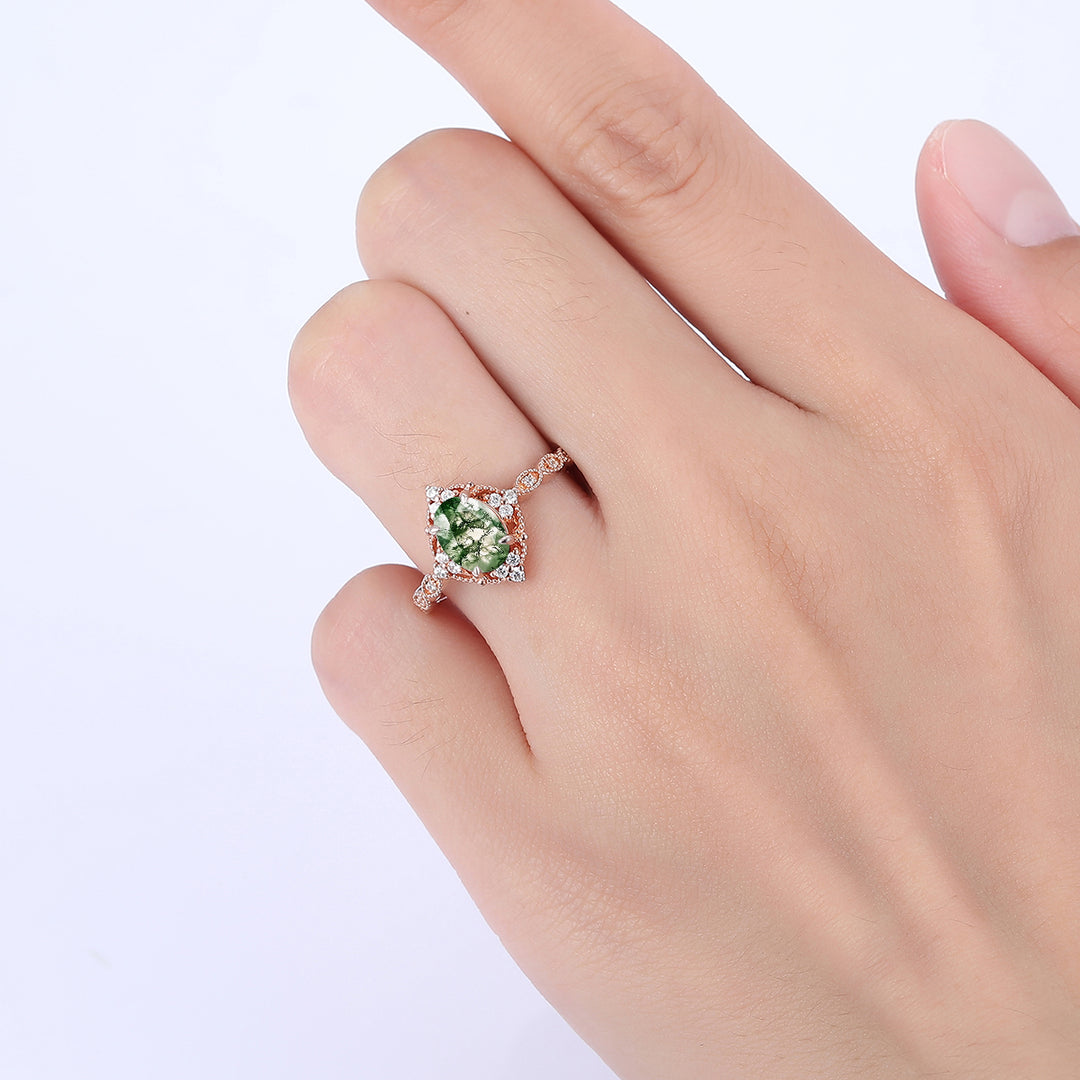 Dainty Oval Cut Moss Agate Engagement Cluster Ring Anniversary Bridal Ring Gift