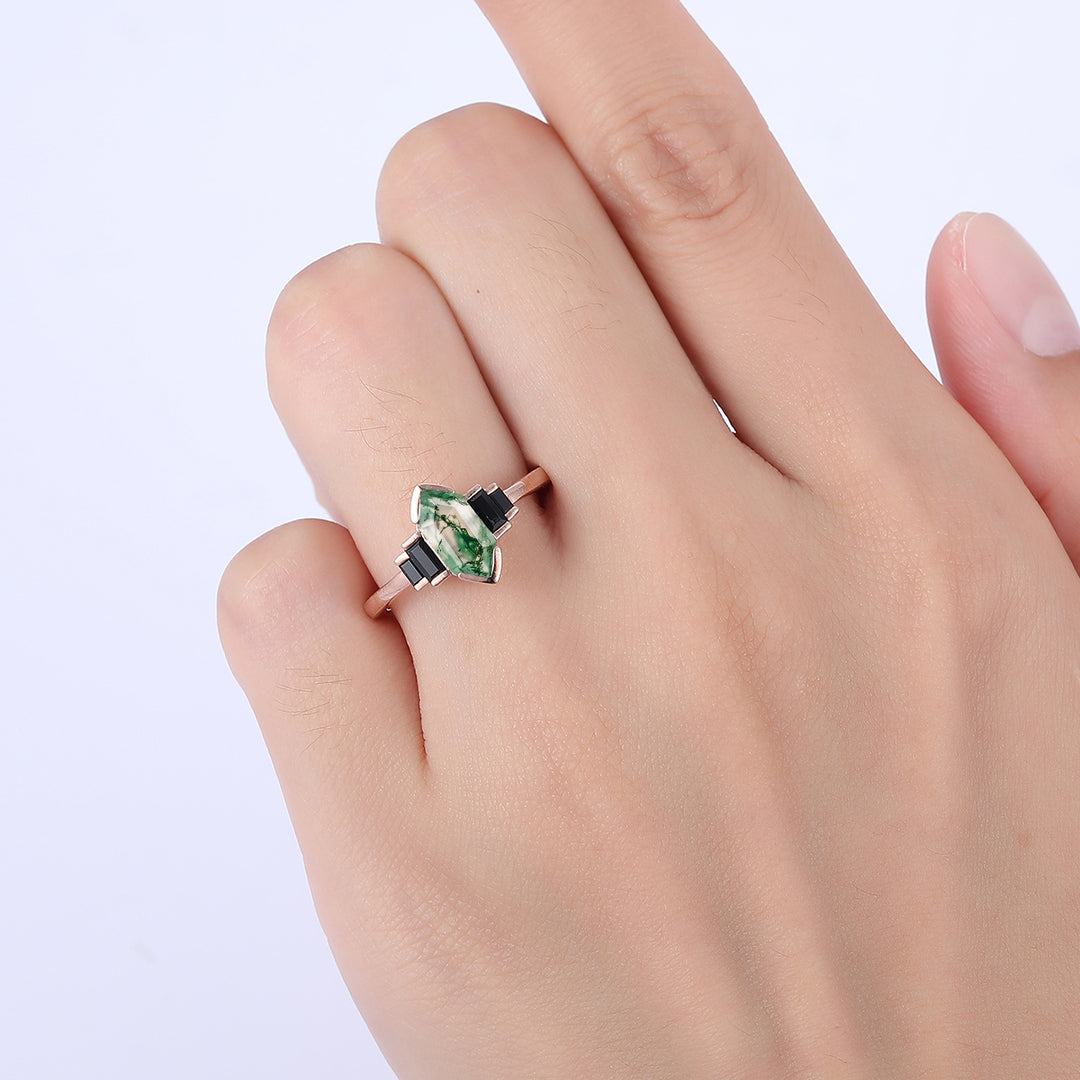 1.3CT Long Hexagon Cut Moss Agate Leaf Engagement Ring Black Onyx Inlaid For Women Gift