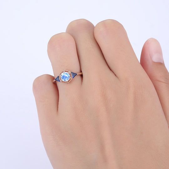 1CT Round Cut Natural Moonstone Engagement Ring Sapphire Inlaid For Women Gift