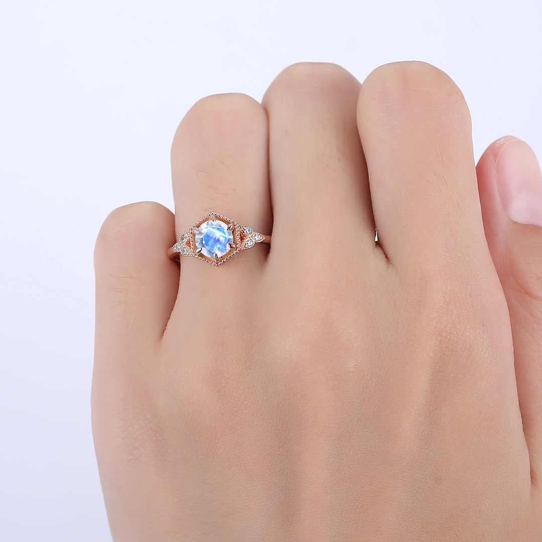 Dainty Round Cut Moonstone Engagement Ring Anniversary Bridal Ring Gift