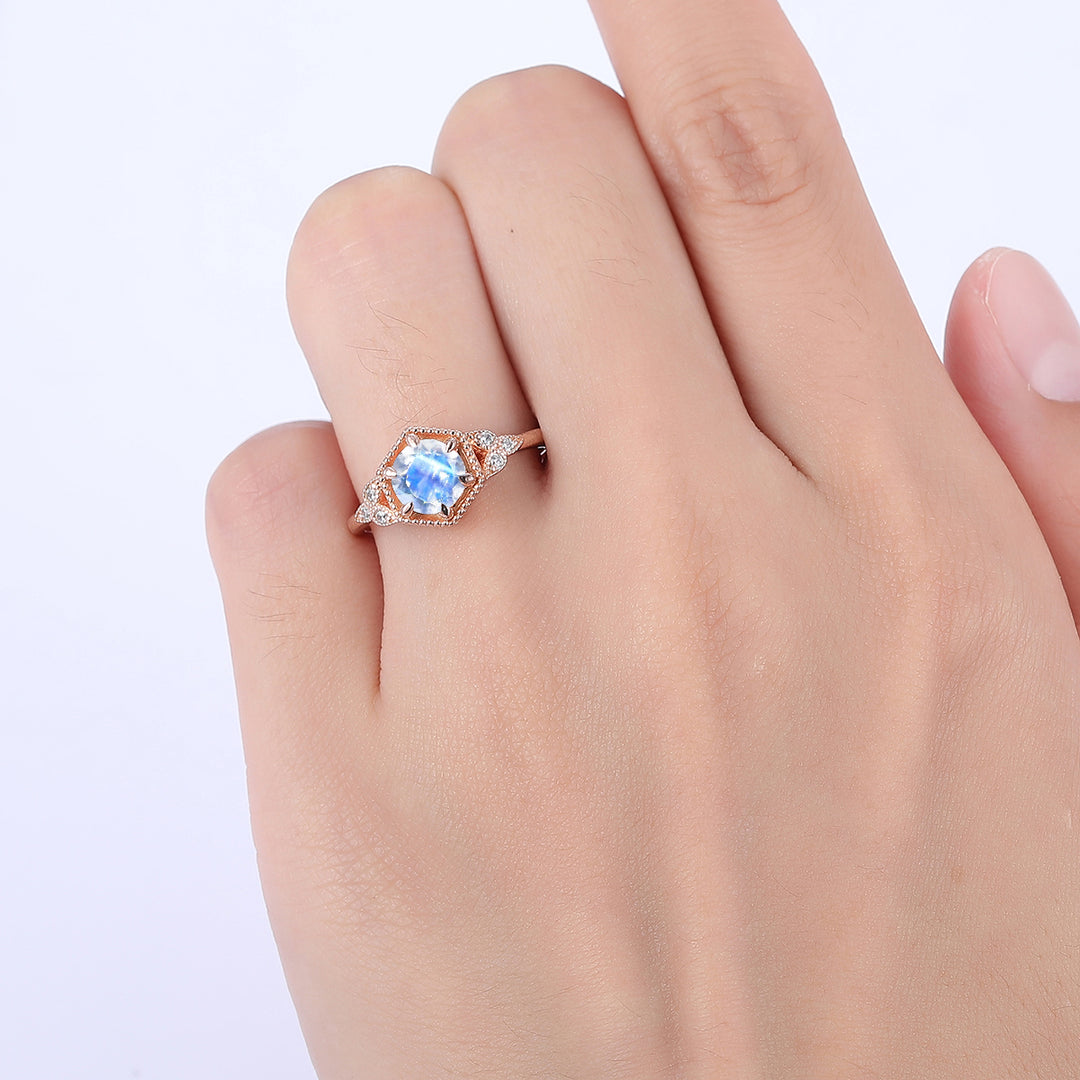 Dainty Round Cut Moonstone Engagement Ring Anniversary Bridal Ring Gift