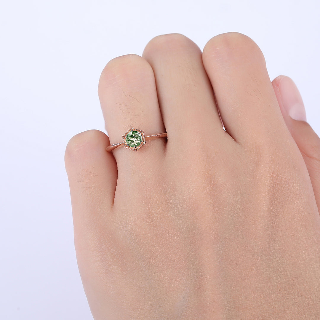 Solitaire 1CT Round Cut Moss Agate Engagement Brida Ring Hexagonal Shape Silver Gold Women Fine Ring