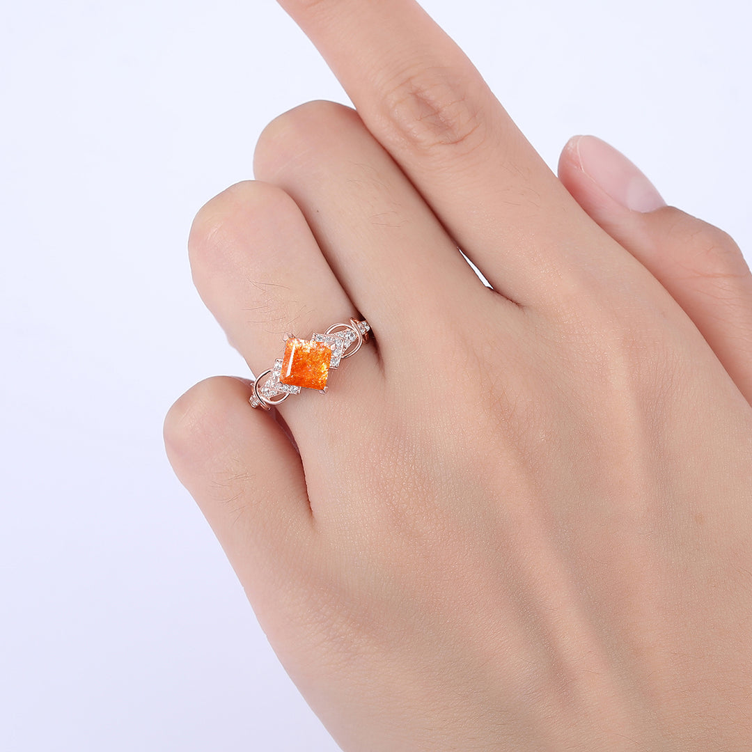 1.5CT Princess Cut Natural Sunstone Engagement Vine Ring