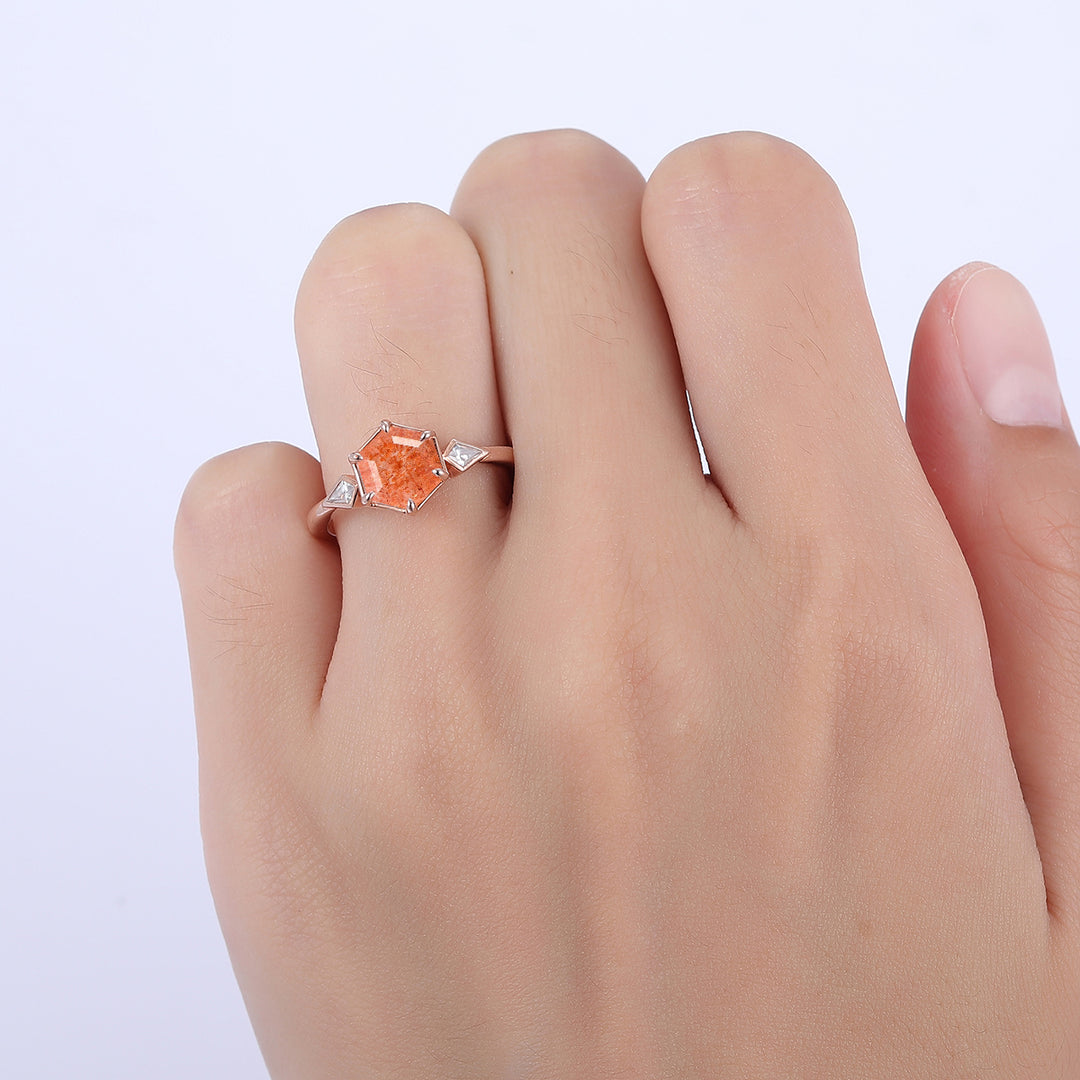 1.35CT Hexagon Cut Natural Sunstone Engagement Ring Anniversary Bridal Ring Gift