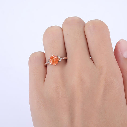 1.35CT Unique Hexagon Cut Natural Sunstone Engagement Ring Moissanites Inlaid Women Fine Ring