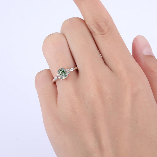 1CT Emerald Cut Natural Moss Agate Engagement Ring Anniversary Bridal Ring Gift