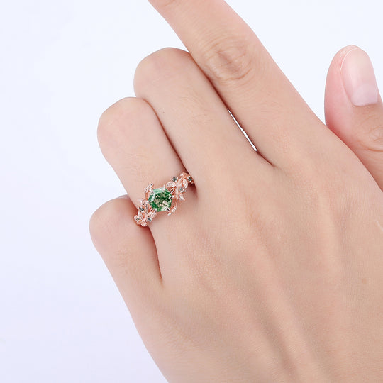 Hexagon Cut Natural Moss Agate Engagement Leaf Shape Ring For Anniversary Gift