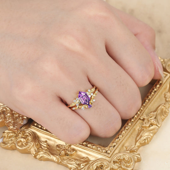Nature Inspired Hexagon Natural Amethyst Bridal Set Vintage Gold Ring Stacking Set Forest Engagement Ring