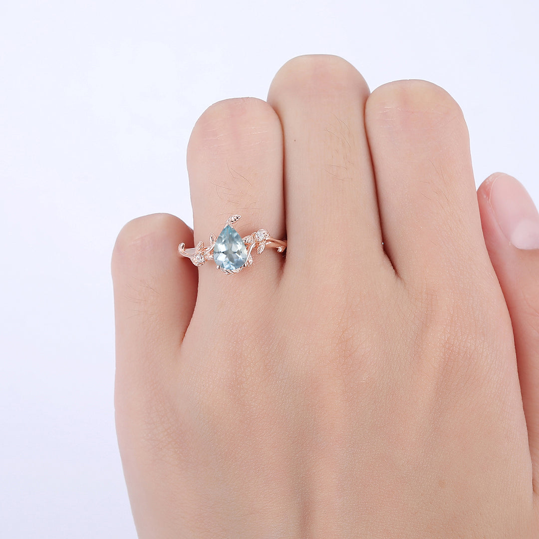 1.3CT Pear Cut Leaf Aquamarine Engagement Ring For Women Gift