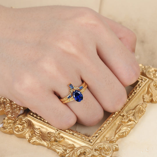 14k Oval Blue Sapphire Ring with Baguette Accents with Filigree Band Engagement Ring