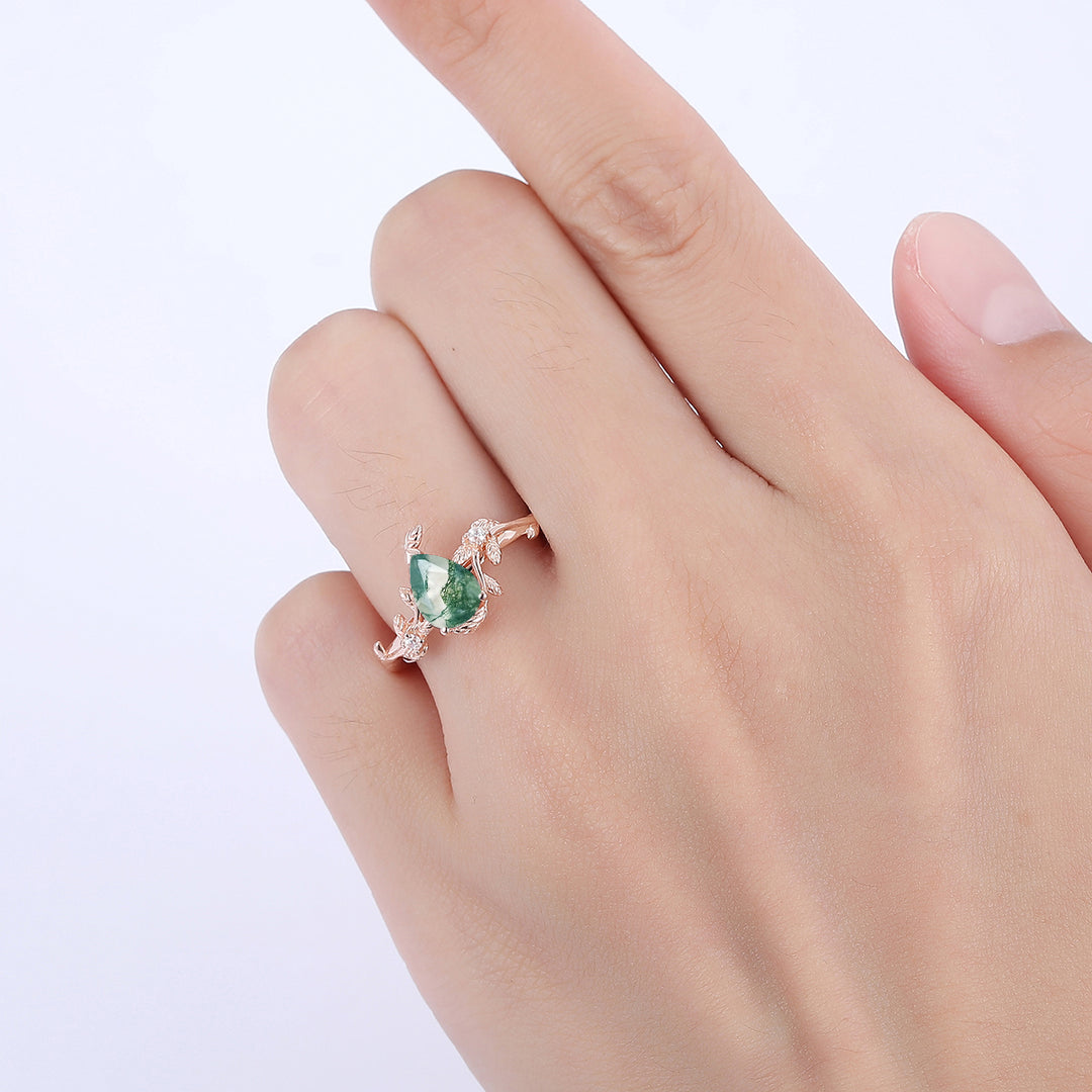 Pear Cut Natural Moss Agate Engagement Leaf Shape Ring For Anniversary Gift