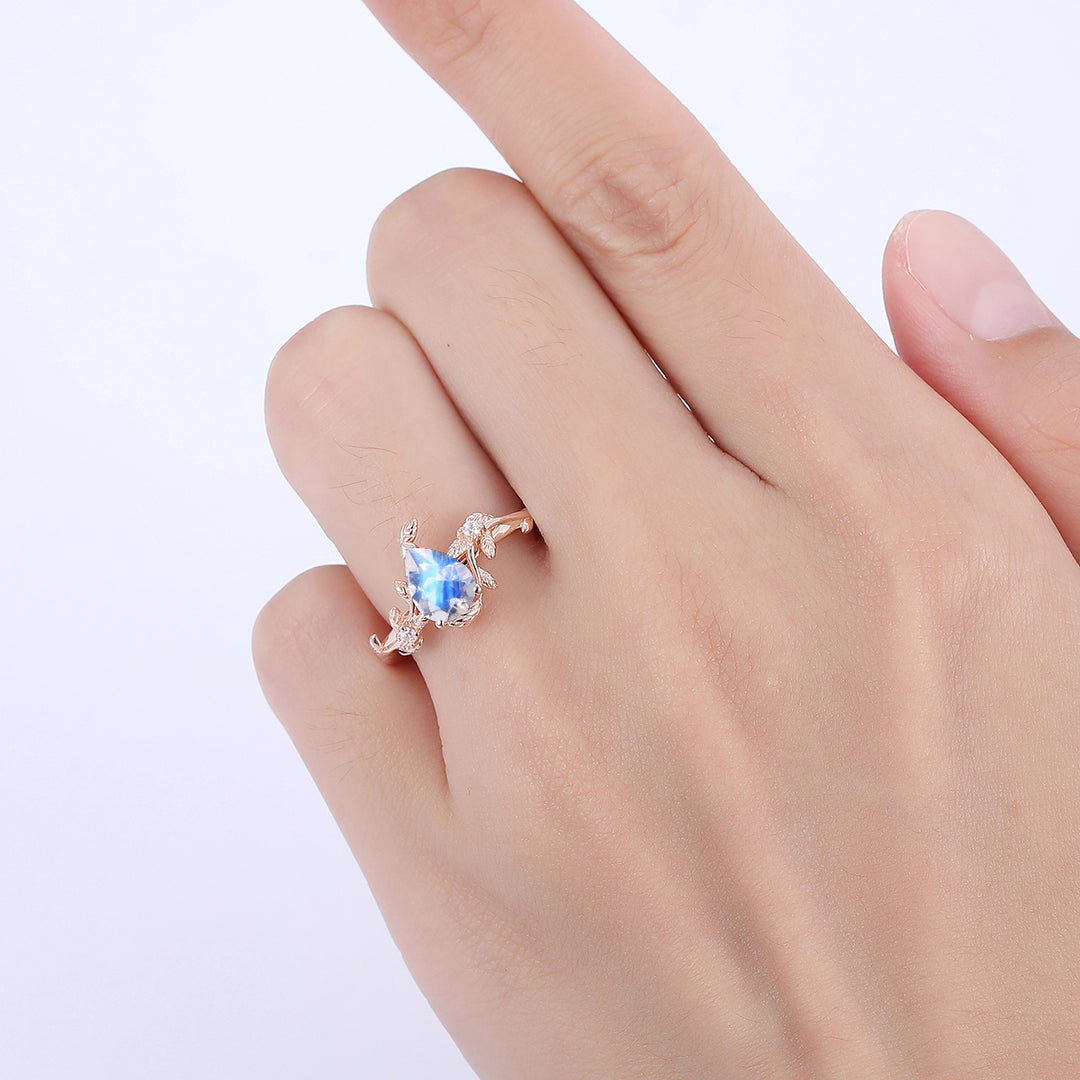 1.3CT Pear Cut Leaf Moonstone Engagement Ring For Women Gift