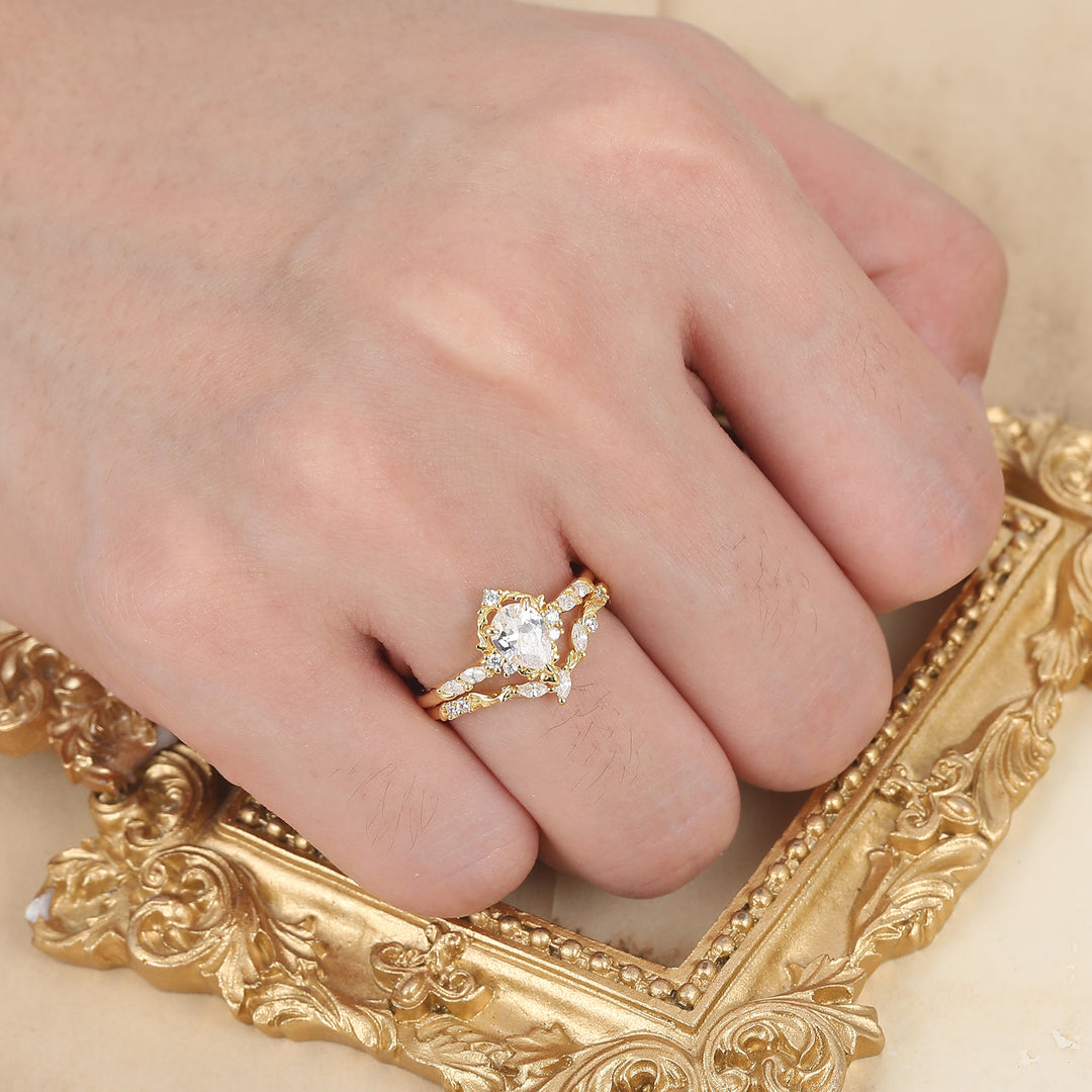 Pear Cut Teardrop Vintage Inspired Gold Moissanite Bridal Set Romantic Bridal Set  Enhancer Ring