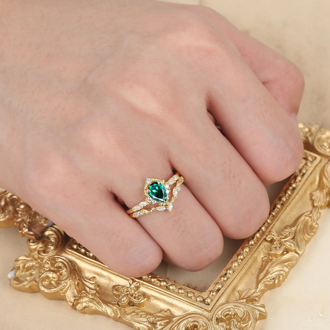 Pear Cut Teardrop Vintage Inspired Gold Emerlad Bridal Set Romantic Bridal Set  Enhancer Ring