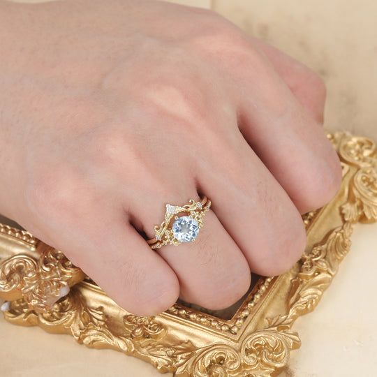 Unieke Deco Milgrain Aquamarijn Bloemenring Set Wijnrankstijl 14K Goud Aquamarijn Damesringen