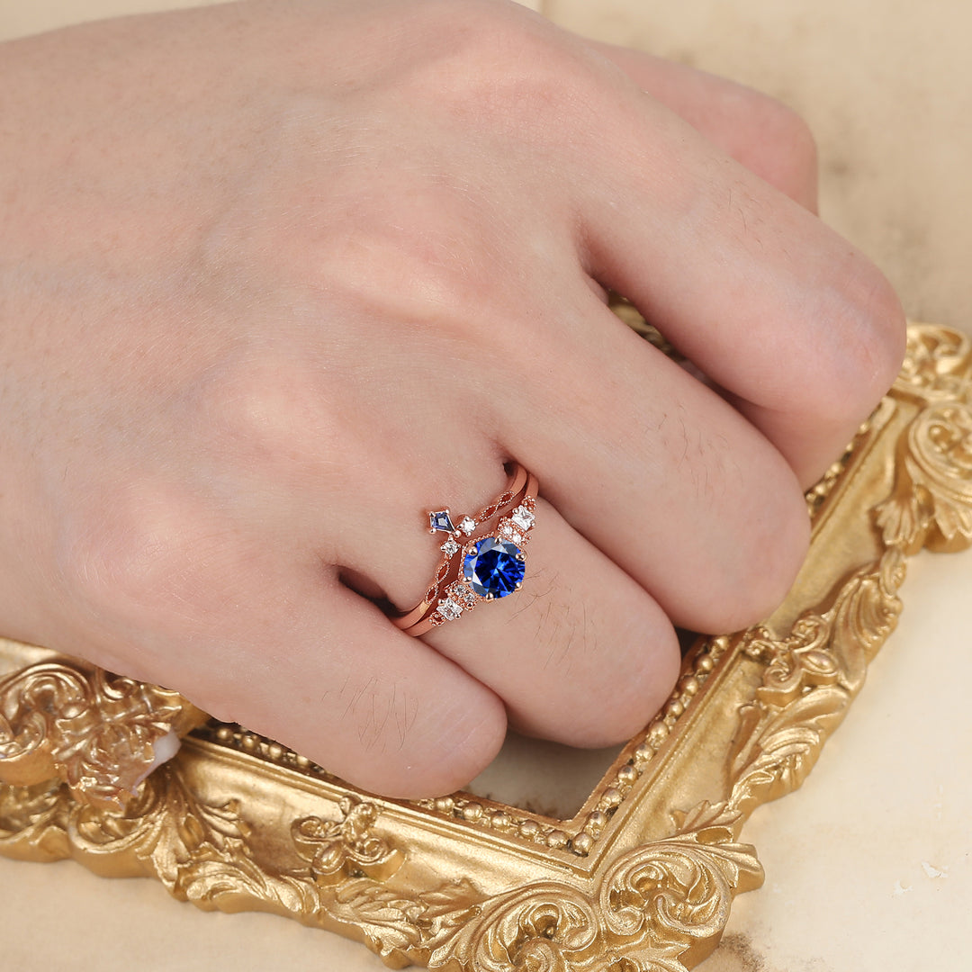 Vintage Rose Gold Sapphire Ring Set Handmade Promise Anniversary Bridal Ring Sapphire Ring Set