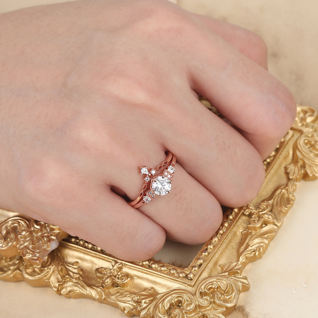 Dainty Round Moissanite Floral Bridal Ring Set 14K Rose Gold Anniversary Ring Set For Her