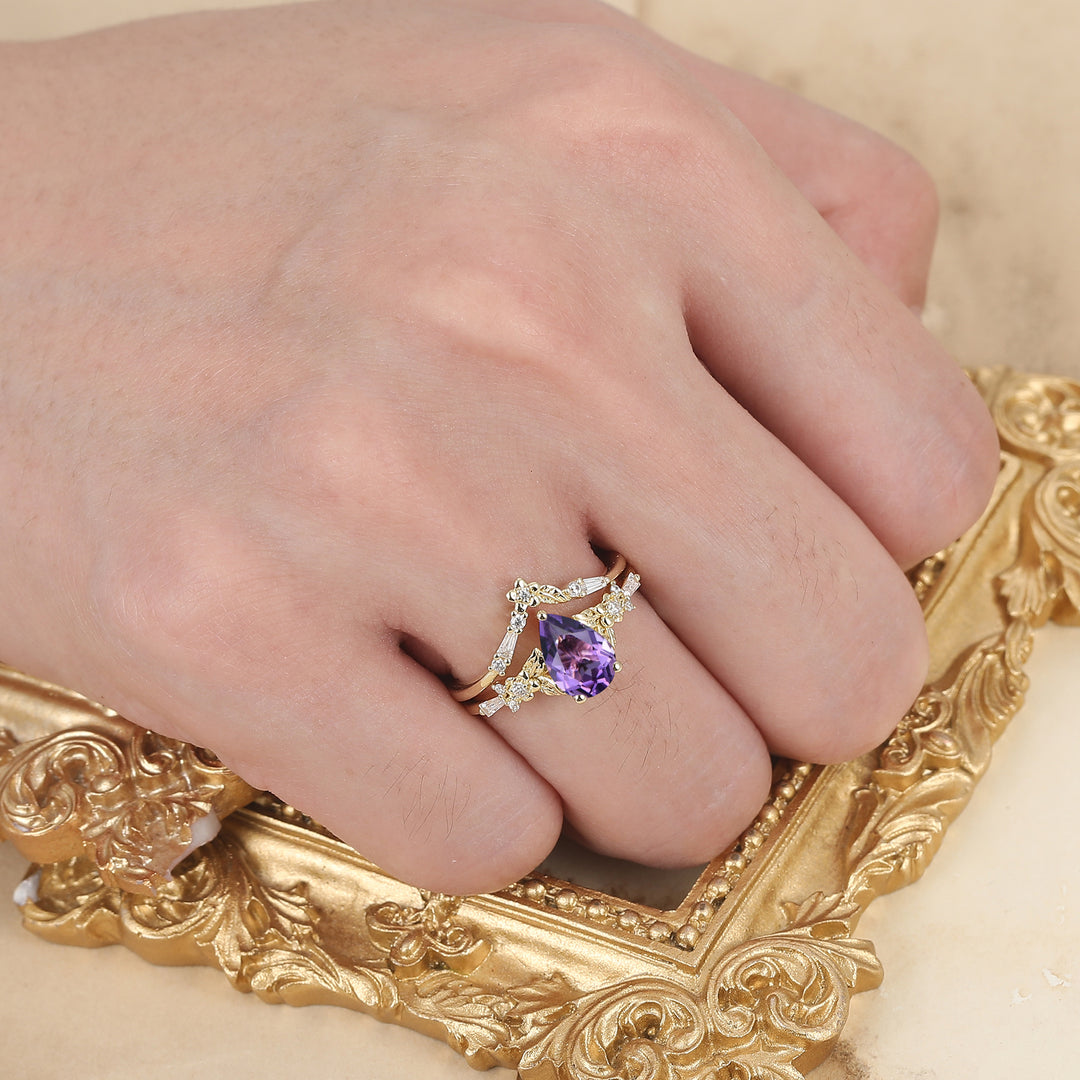 Nature Inspired Floral Amethyst Bridal Ring Pear Cut Vintage Gold Ring Stacking Set