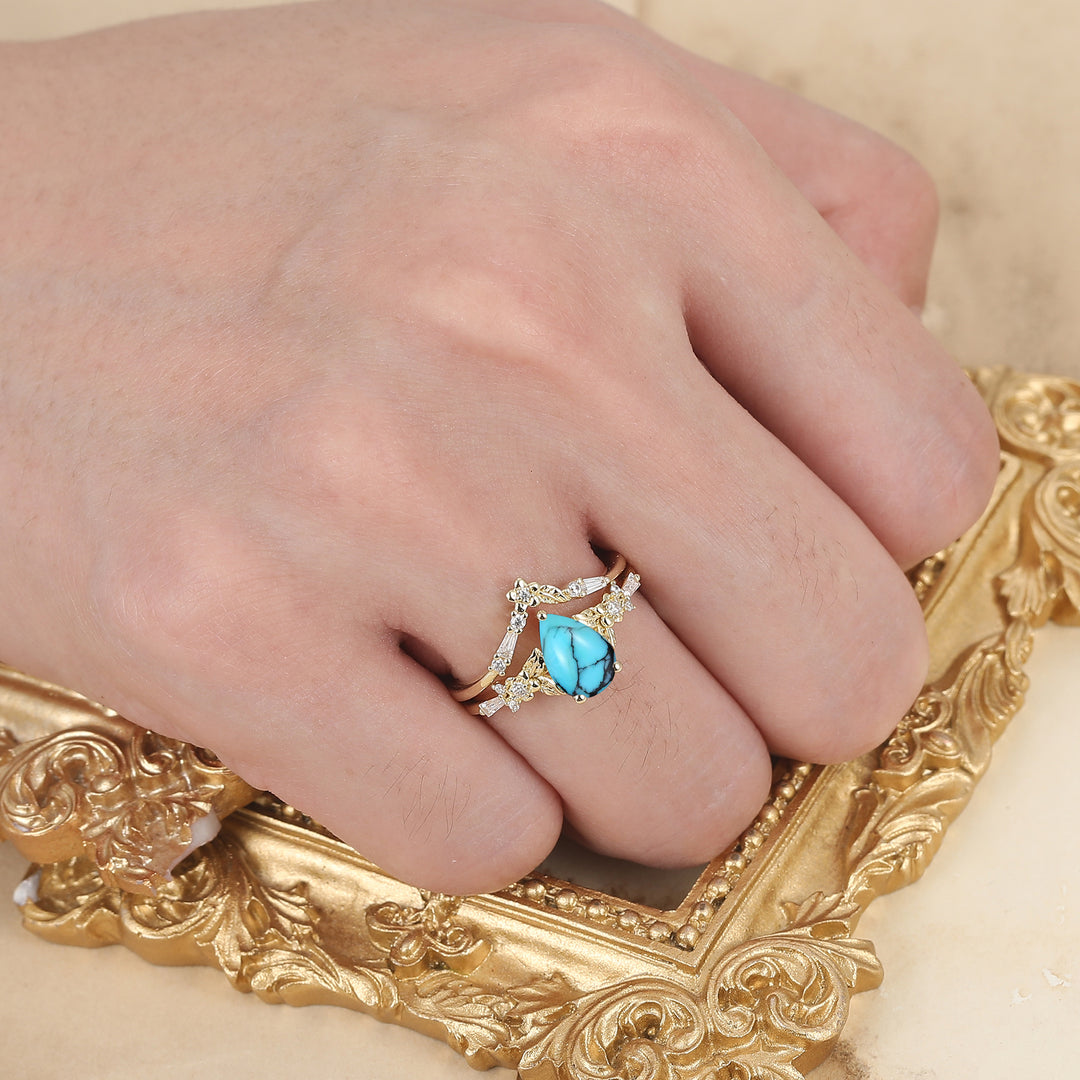 Unique Floral Engraved Pear Cut Turquoise Engagement Ring Set Natural Inspired Wedding Rings