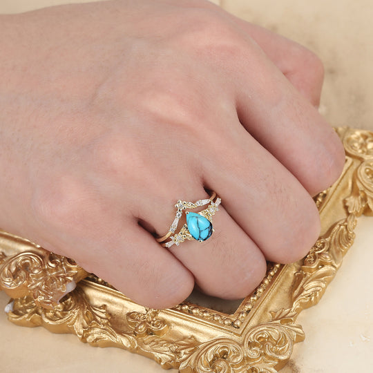 Unique Floral Engraved Pear Cut Turquoise Engagement Ring Set Natural Inspired Wedding Rings