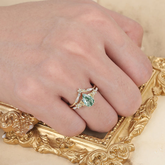 Nature Inspired Floral  Moss Agate  Bridal Ring Pear Cut Vintage Gold Ring Stacking Set