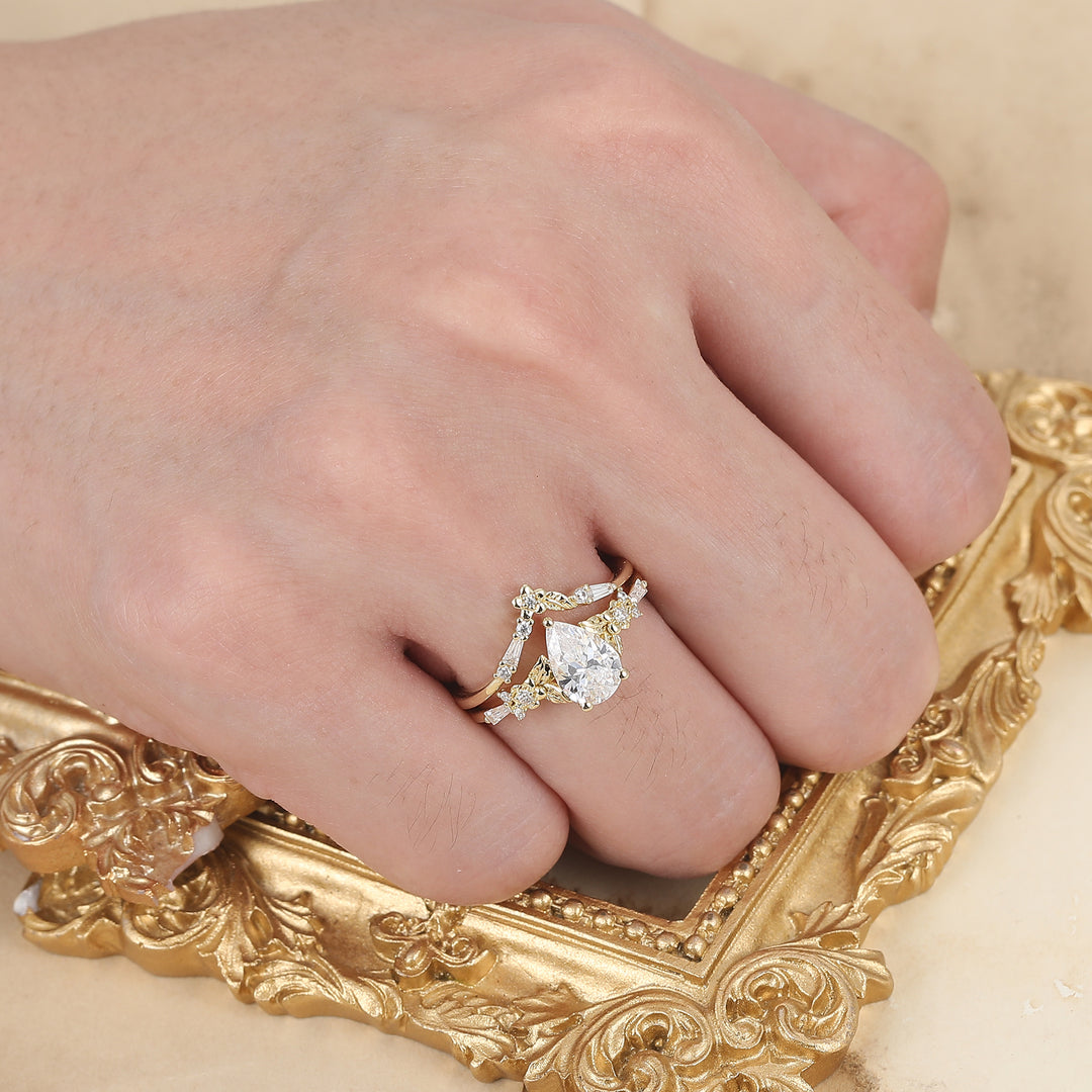 Nature Inspired Moissanite Floral Bridal Set Pear Cut Vintage Gold Ring Stacking Set