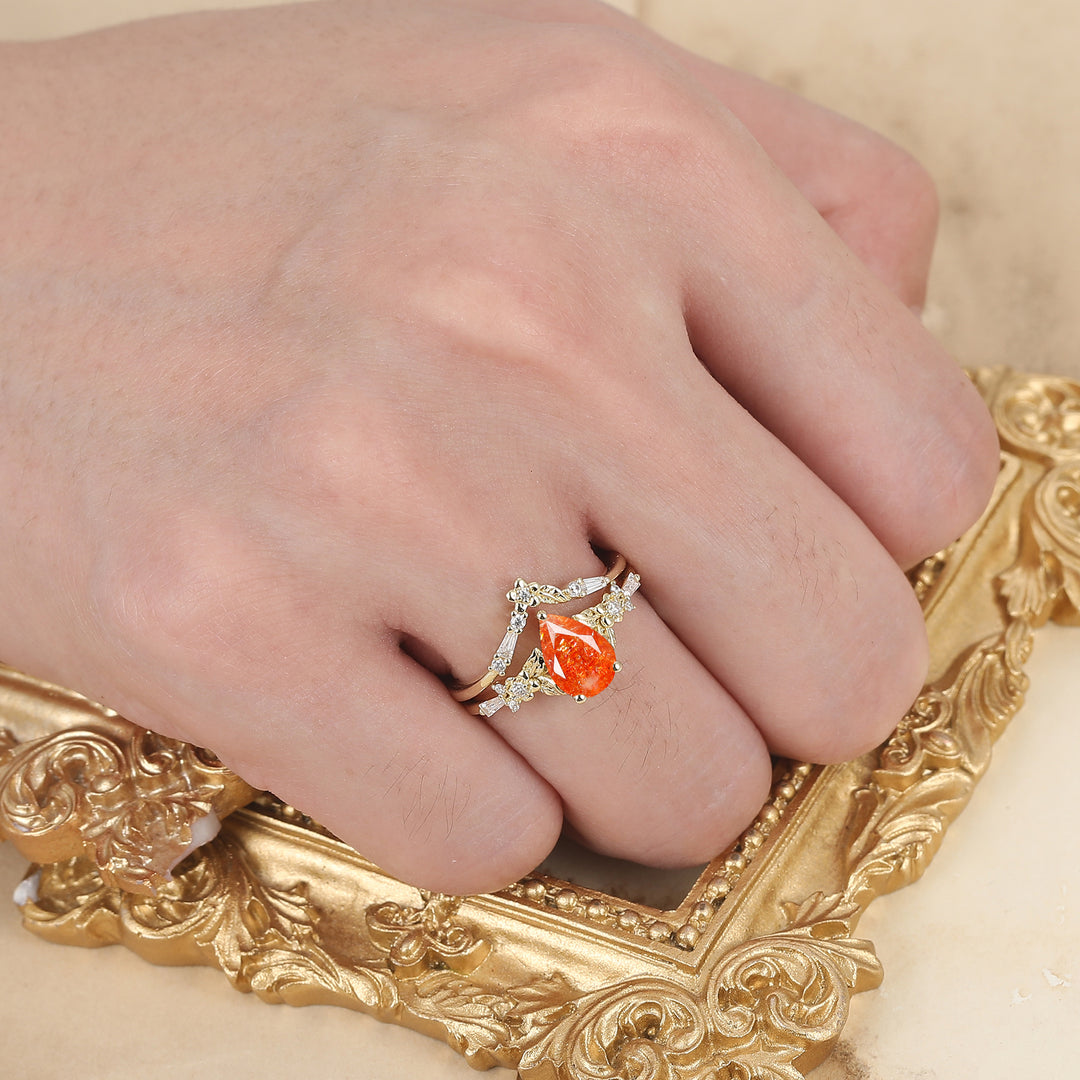 Nature Inspired Floral Sunstone  Bridal Ring Pear Cut Vintage Gold Ring Stacking Set