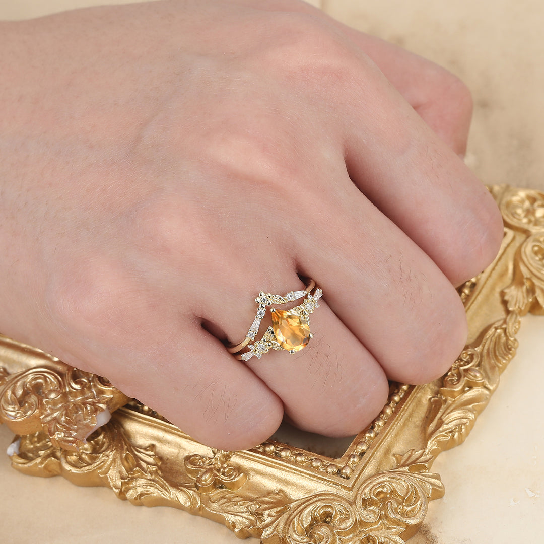 Unique Floral Engraved Pear Cut Citrine Engagement Ring Set Natural Inspired Wedding Rings