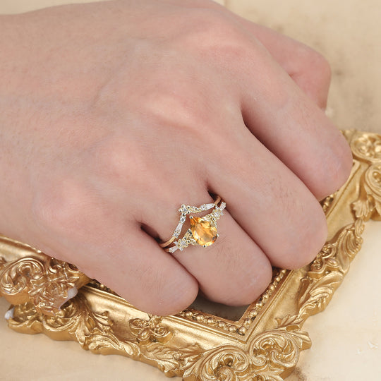 Unique Floral Engraved Pear Cut Citrine Engagement Ring Set Natural Inspired Wedding Rings