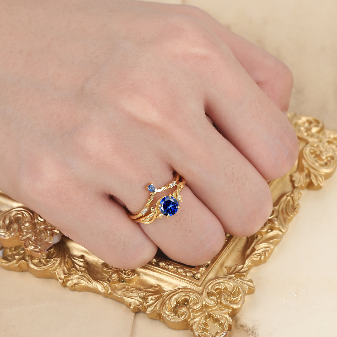 Vintage Nature-Inspired Blue Sapphire Leaf Wedding Set Handmade Promise Anniversary Bridal Ring