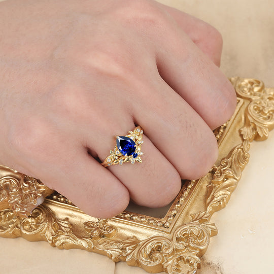 Nature Inspired Set Nuziale con Anello di Fidanzamento a Pera e Zaffiro Anello da Sposa Romantico Set con Anello Enhancer